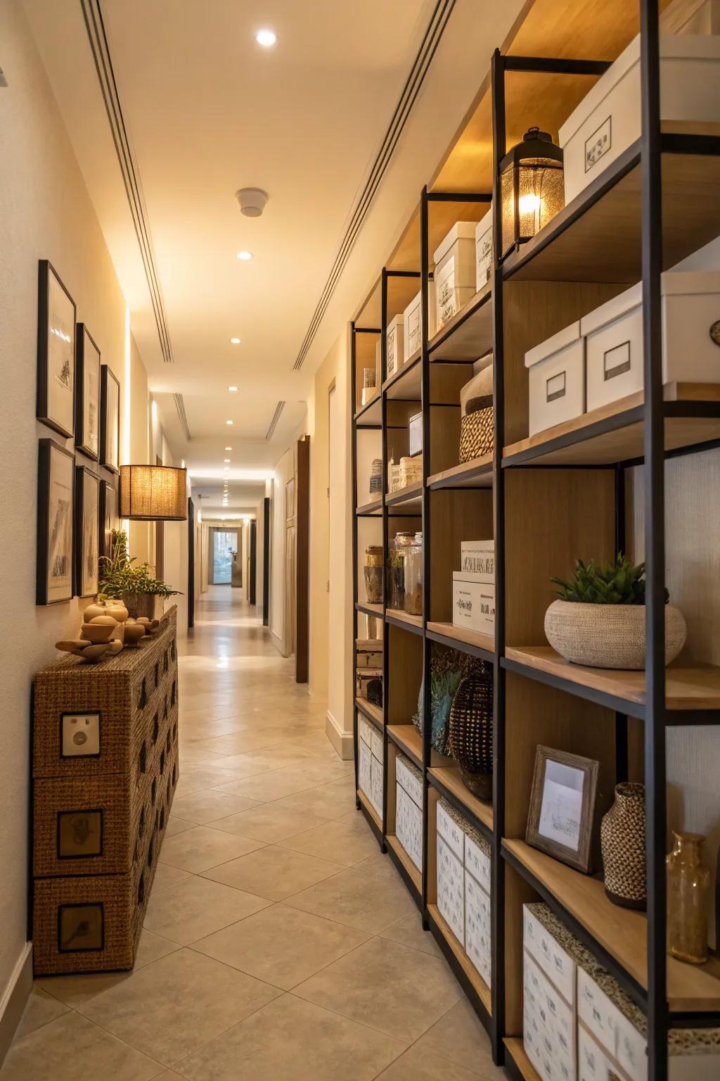 Utilizing vertical square footage maintains your passageway's organization and spaciousness.