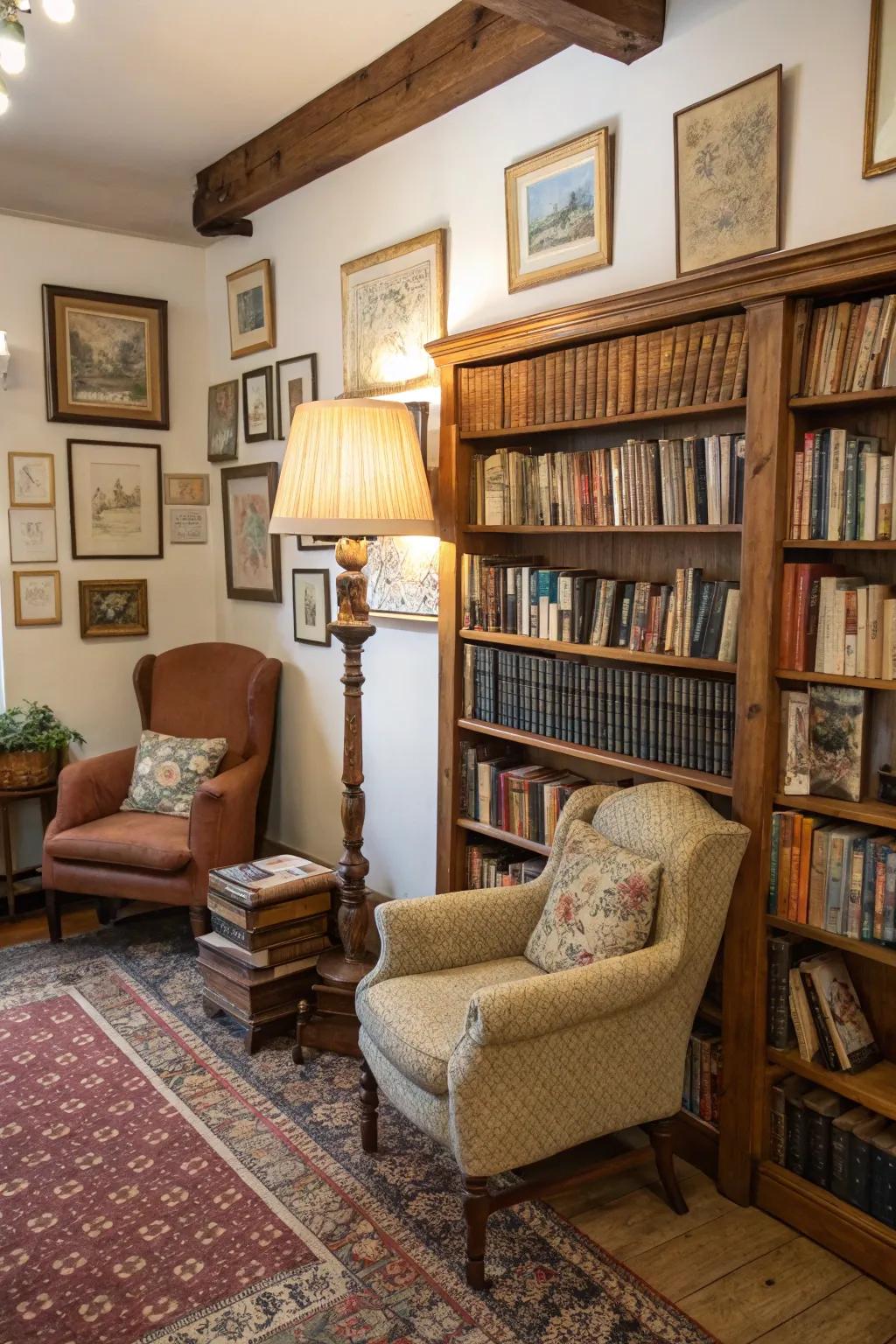 Vintage décor infuses persona and historical context into your library.
