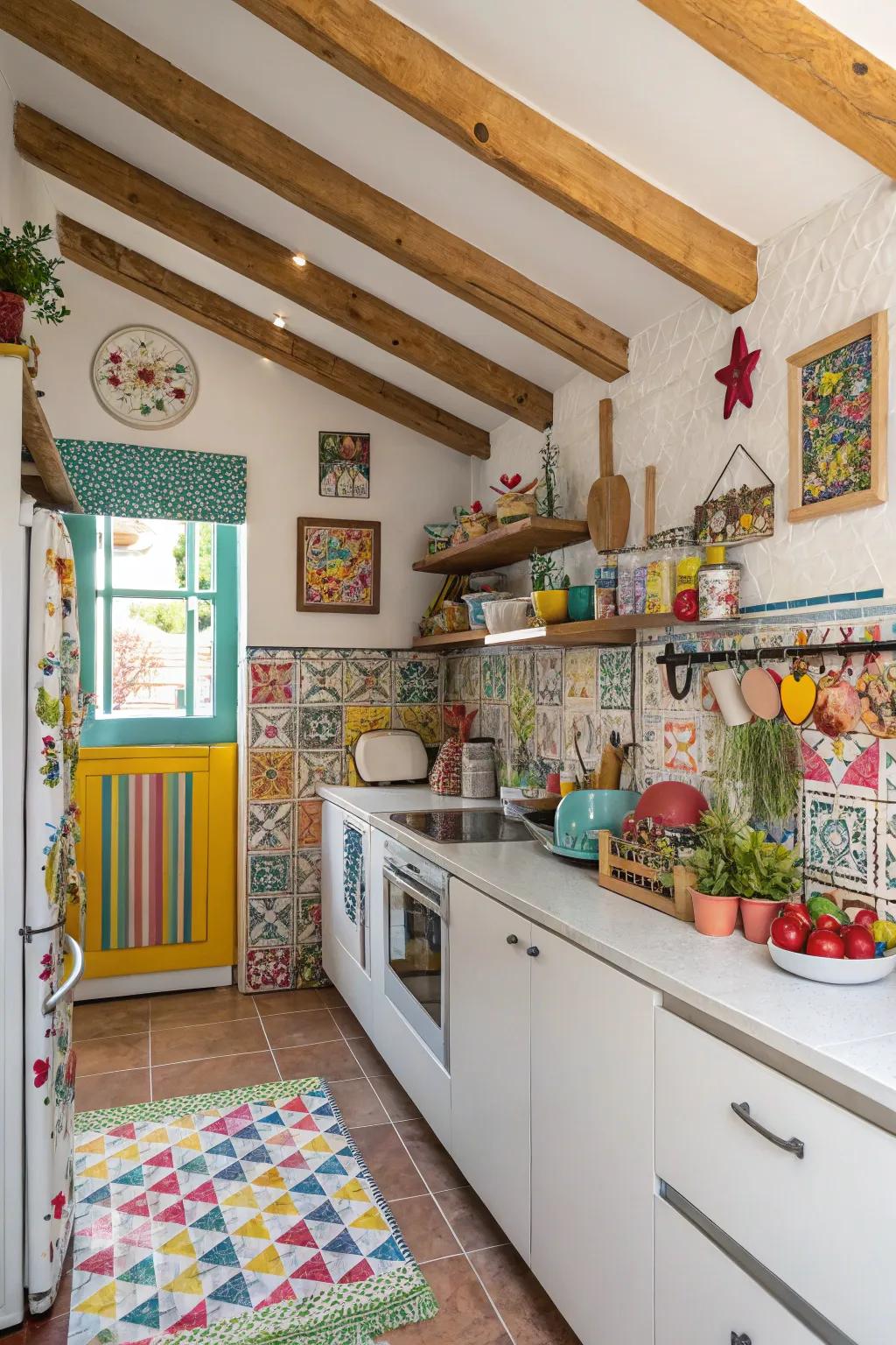 Colored beams introduce a playful pop of color to small kitchens.
