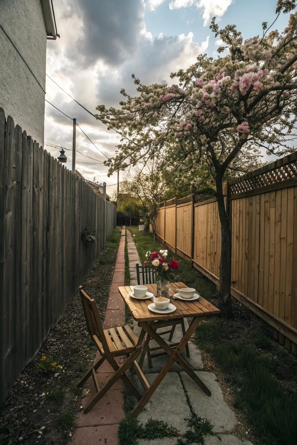 Dining spots allow for delightful outdoor meals in narrow side yards.
