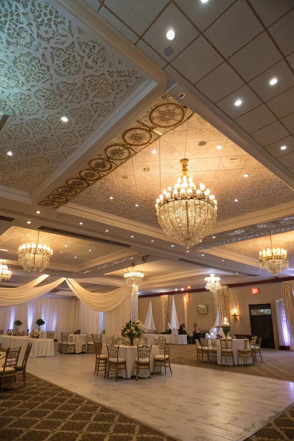 Overhead art can contribute height and elegance if chosen wisely.