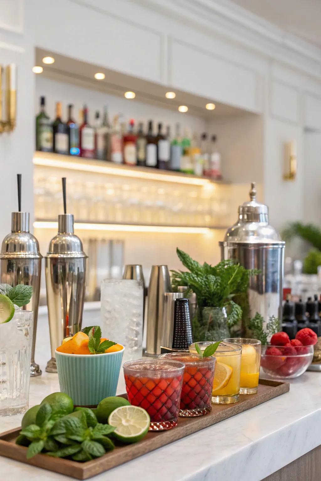 A do-it-yourself mixed drink bar featuring ingredients for mixing personalized beverages.