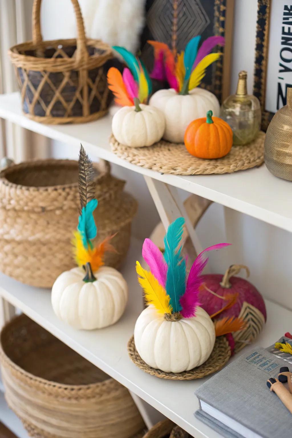 Plume-adorned pumpkins invoke a playful, bohemian atmosphere.