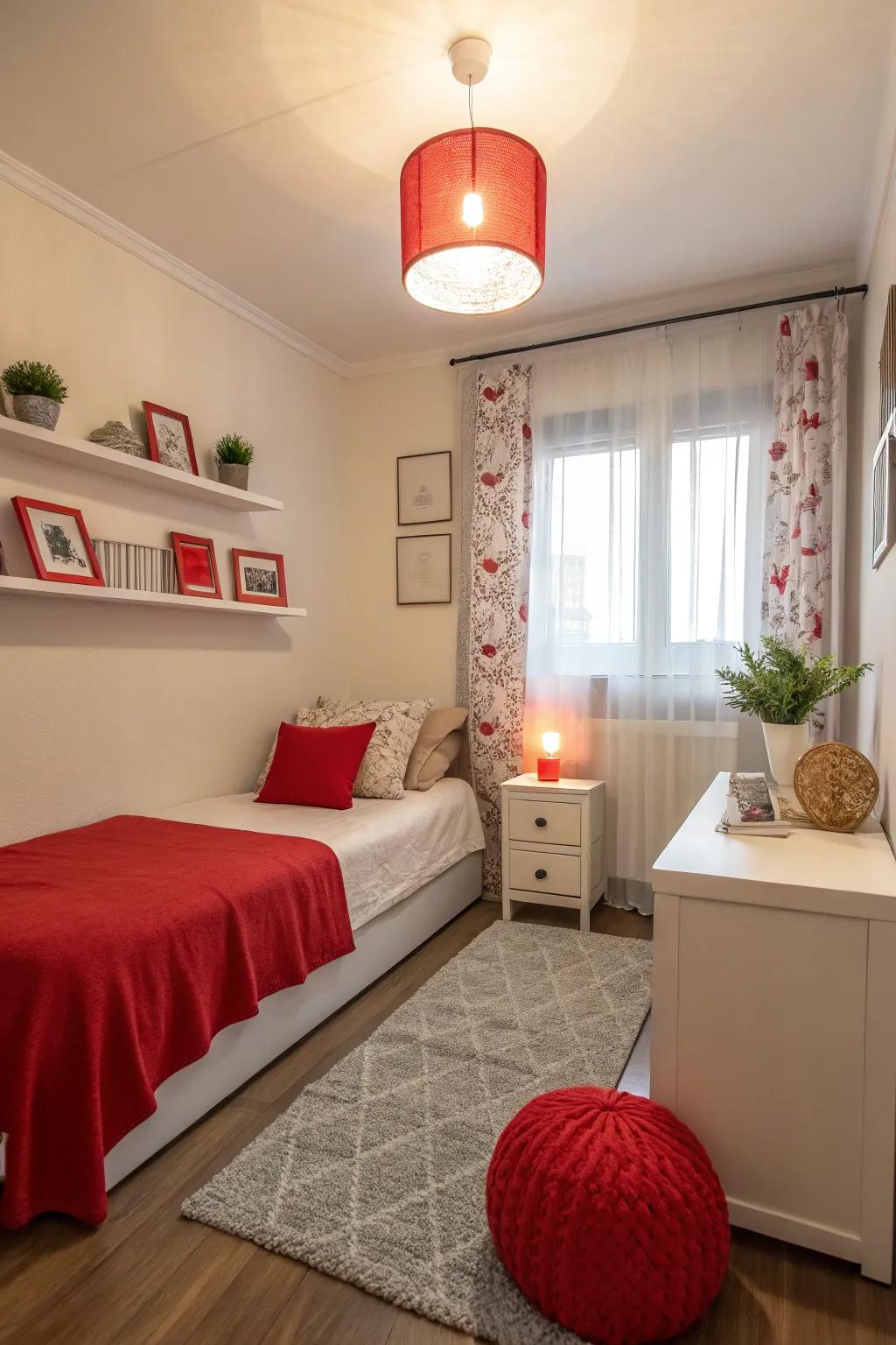 Small ornaments in crimson provide a color pop in a modern small bedroom.