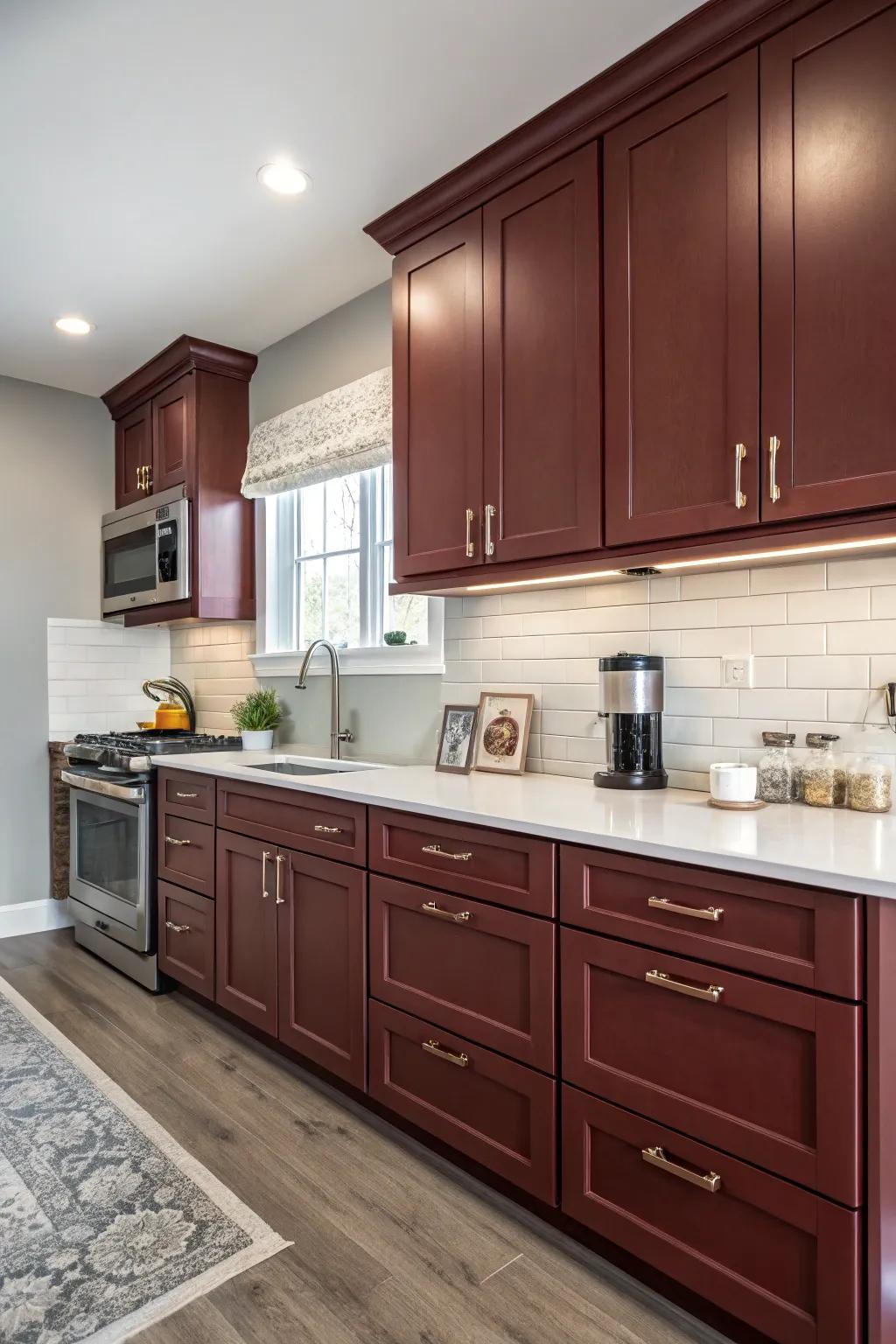 Sophisticated kitchen featuring deep red cabinets and pale grey walls.