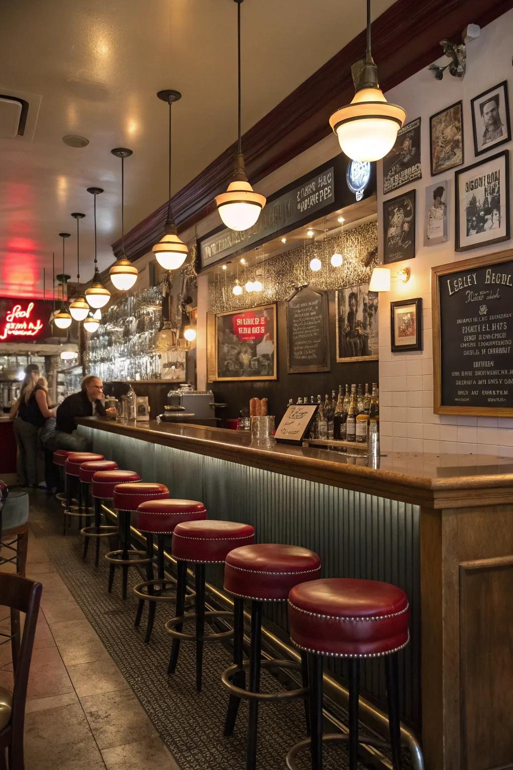 A cohesive subject such as retro chic can unify the design of a small restaurant bar.