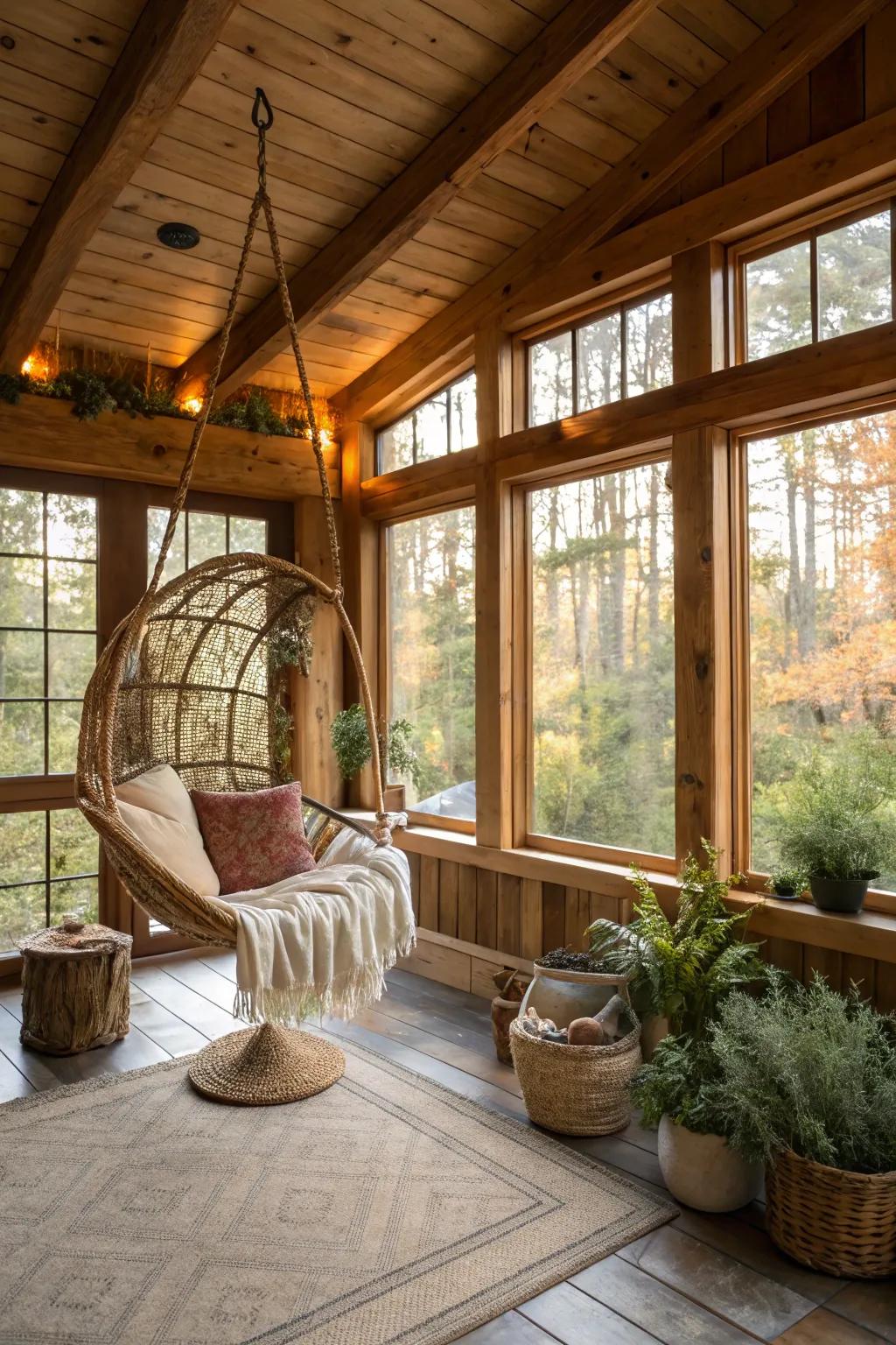 A hanging chair introduces a playful and relaxing accent to this country-style sunroom.