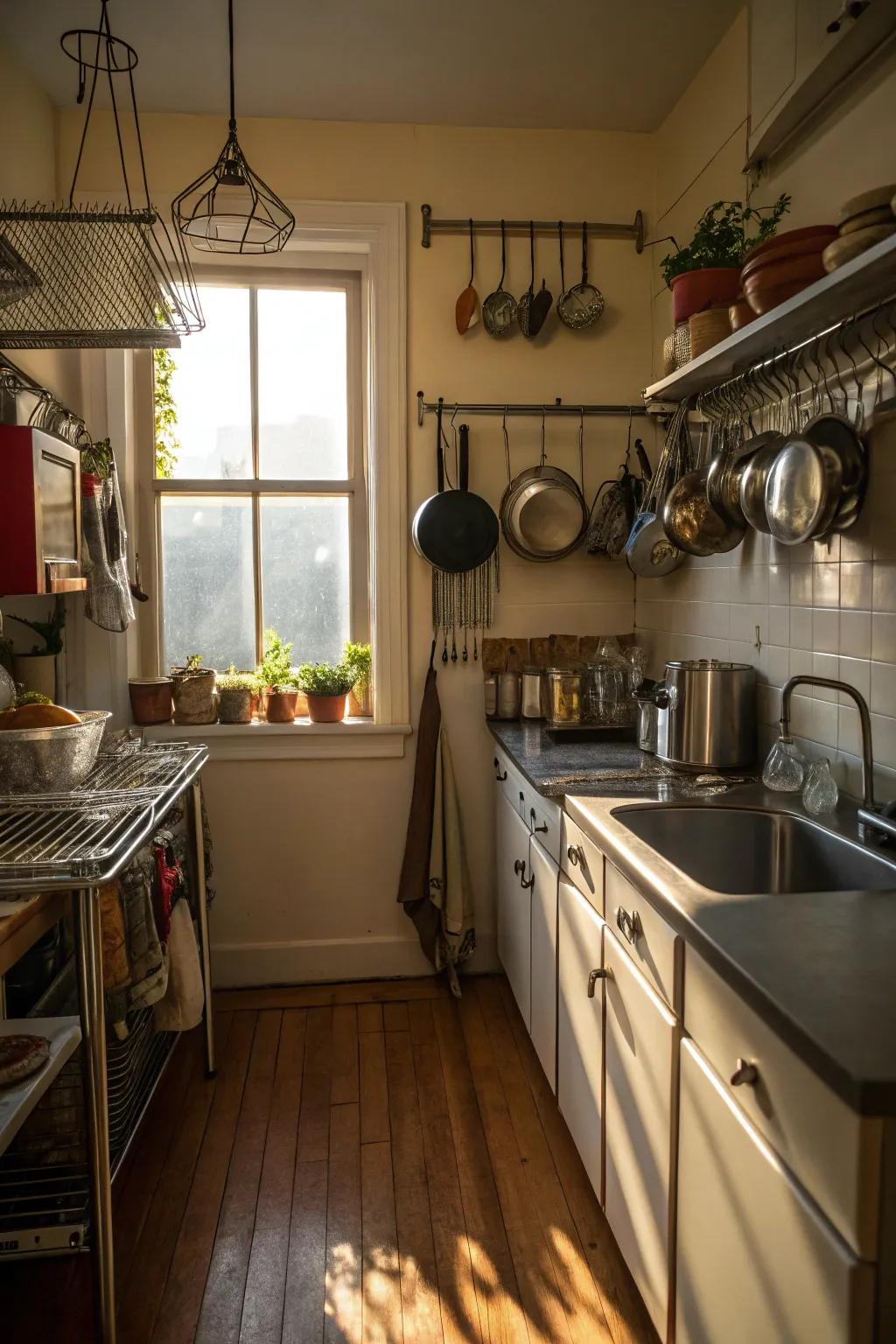 Metal hanging racks provide practical storage in small kitchens.