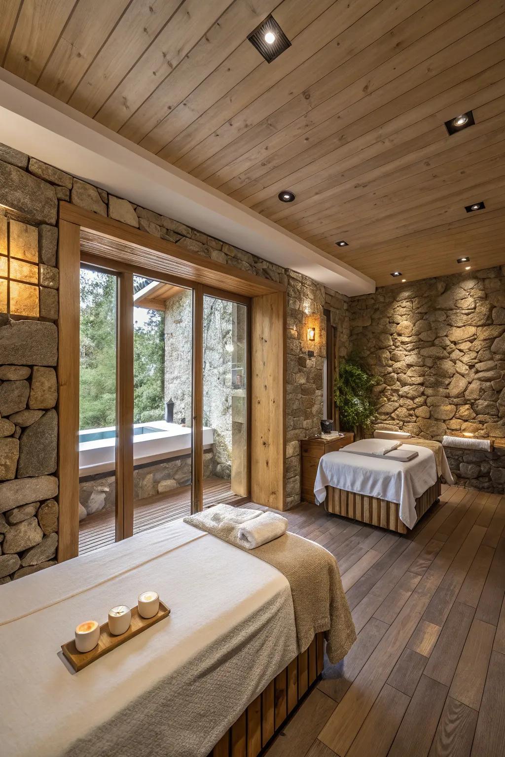 Fabric variations in a spa space with wood and stone