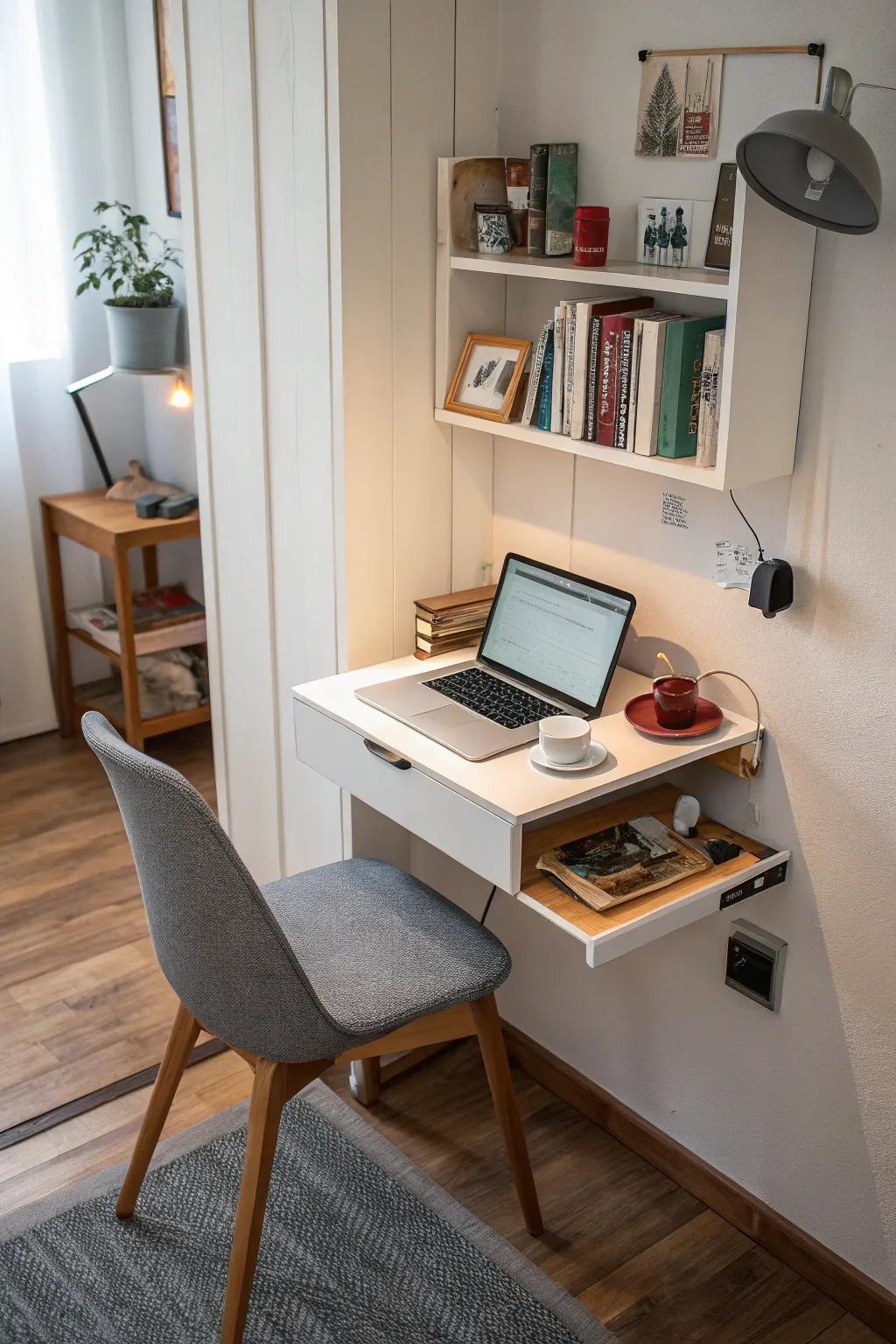 A small workspace features a wall-mounted desk that is ideal for limited space.