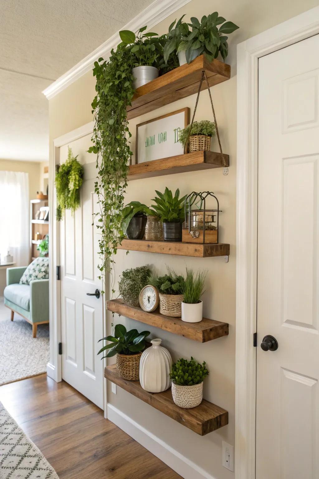 Floating shelves placed above doors maximize space.