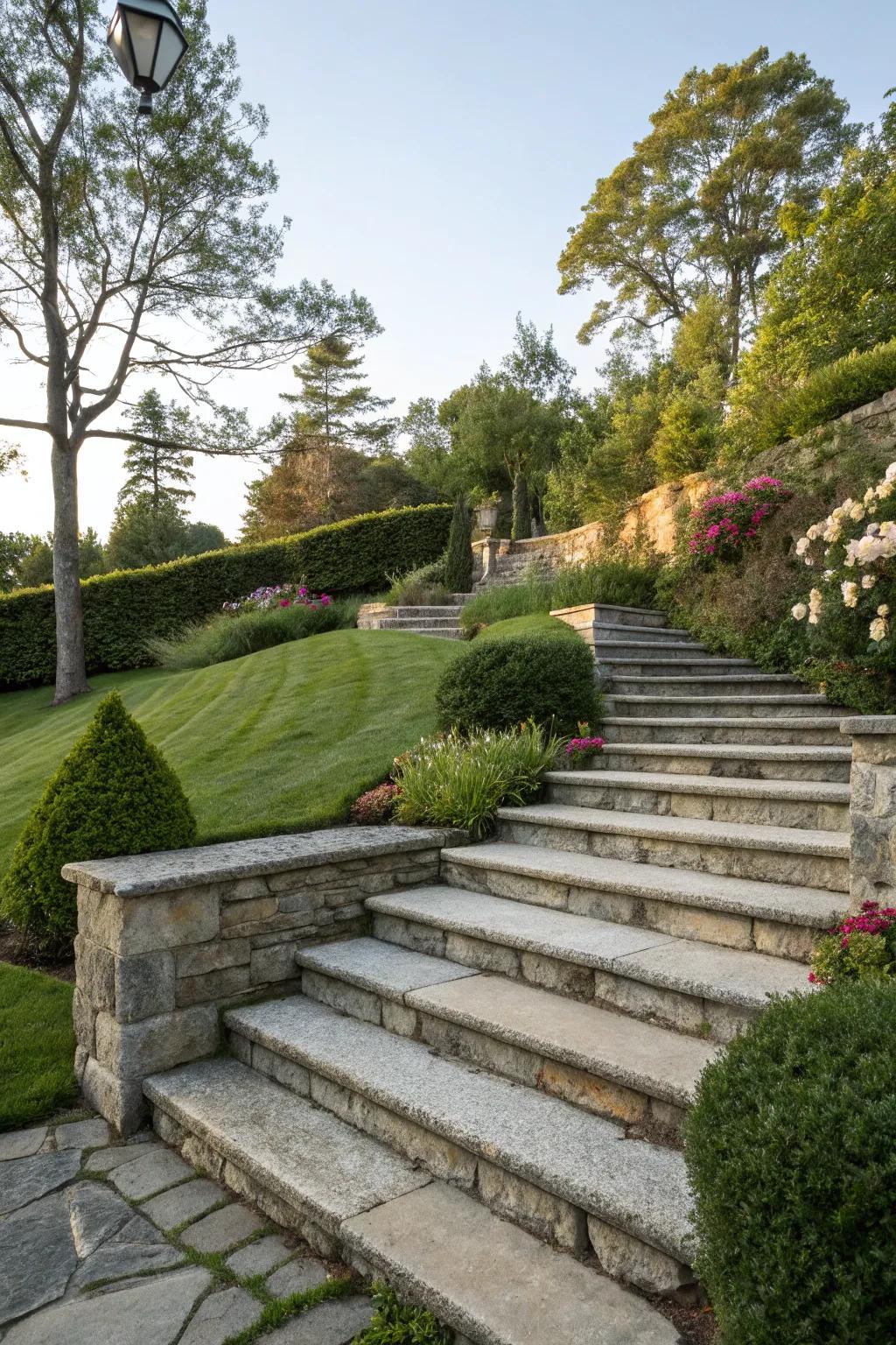Functional and fashionable rock stairways on a garden incline.