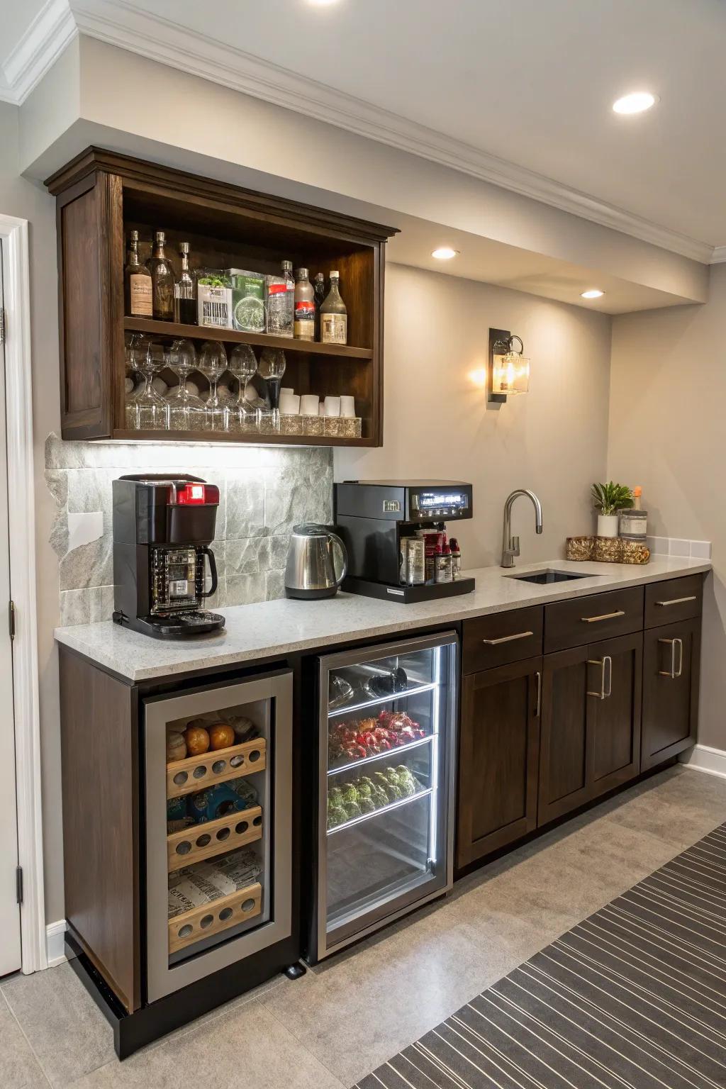 A compact wet bar that is multi-functional also has a coffee and snack station.