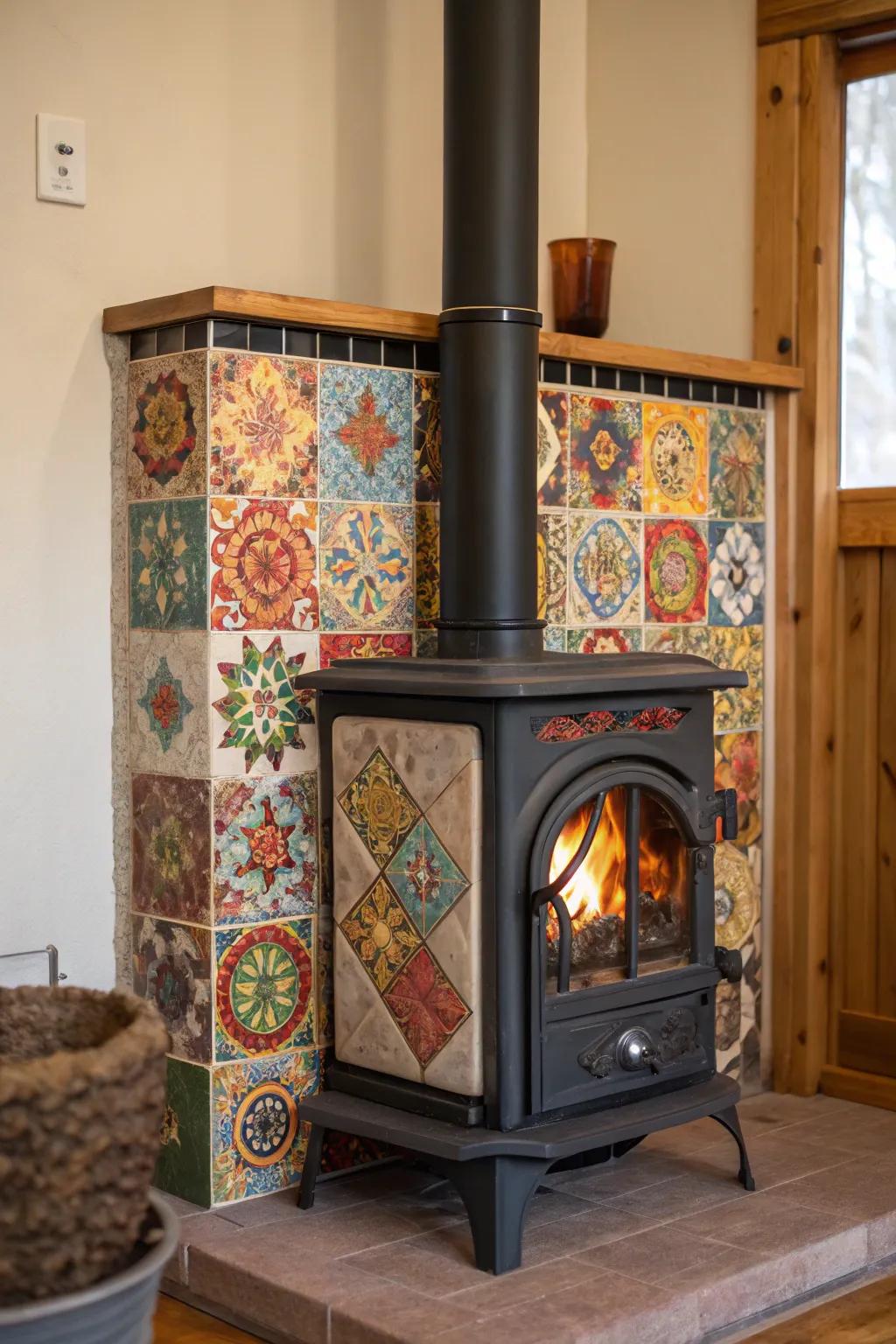 Artistic tiles add a splash of color and texture around a wood heater.