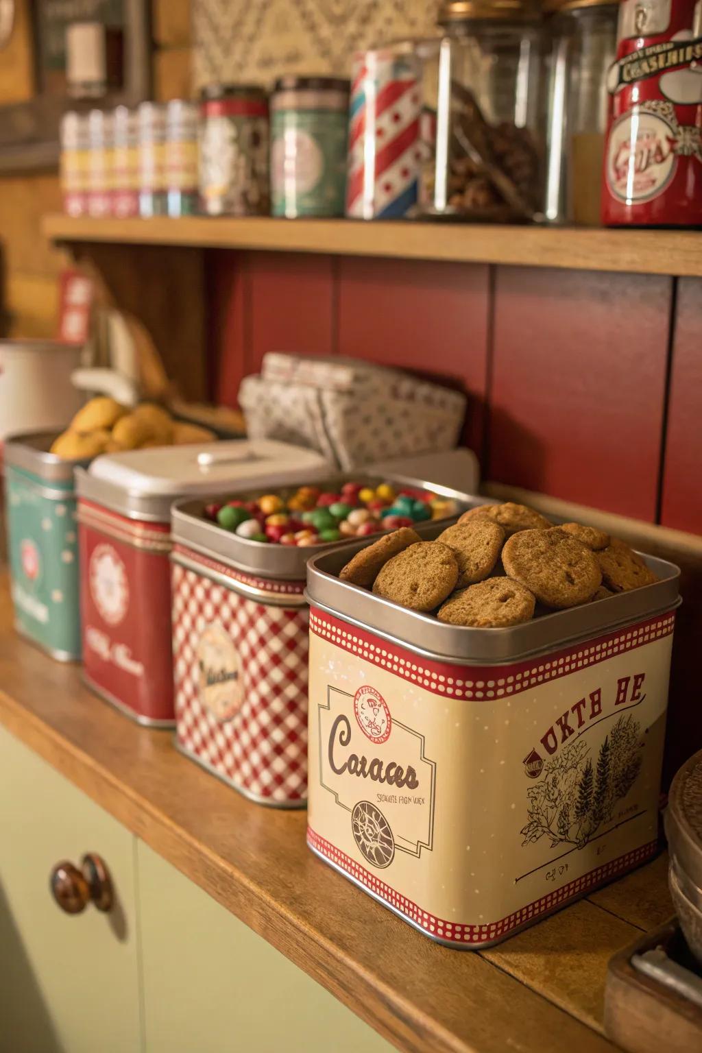 Upcycled metallic boxes offer a nostalgic and functional snack storing option.