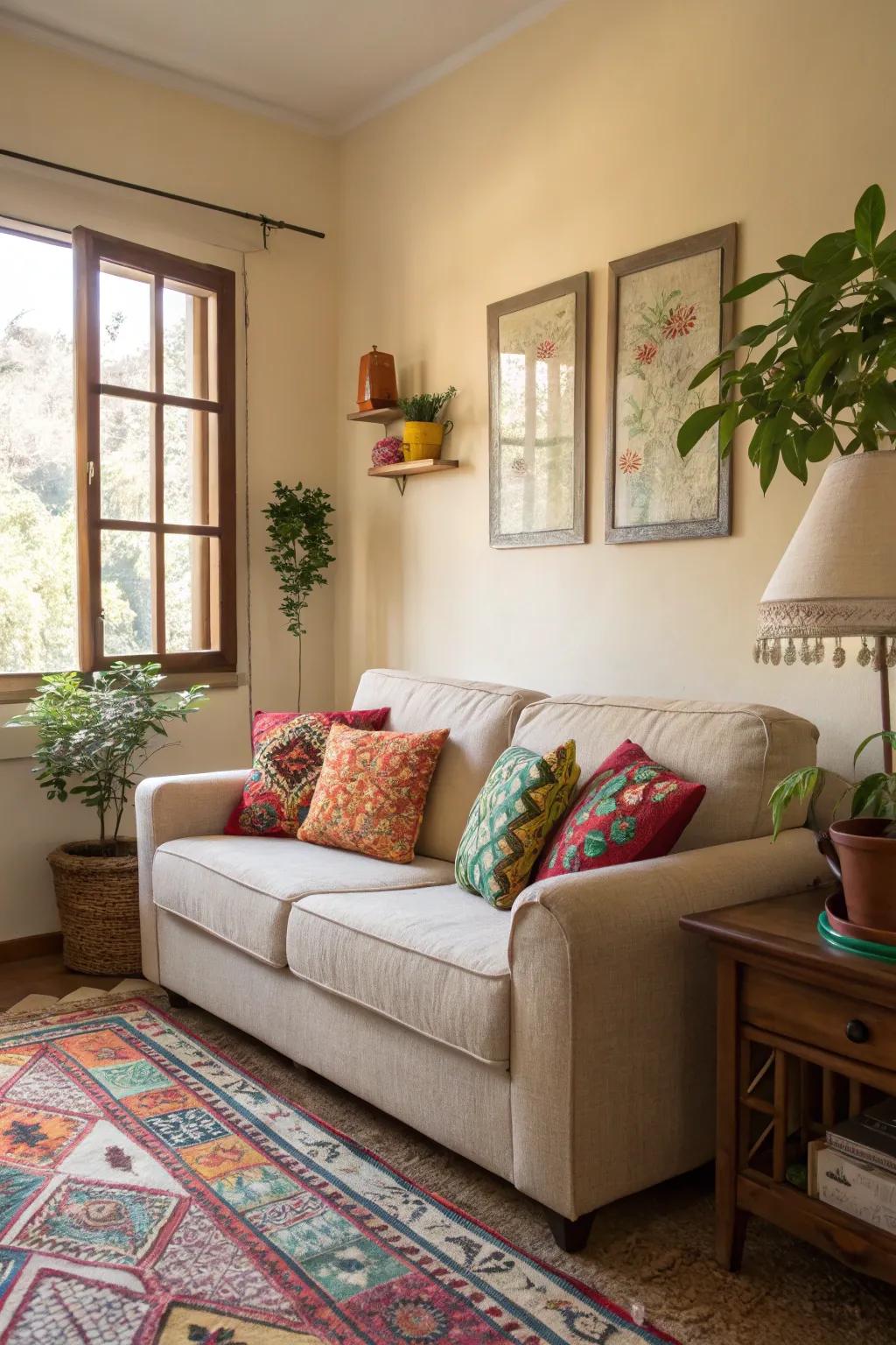 Accent pillows in bright shades bring personality to a neutral sofa.