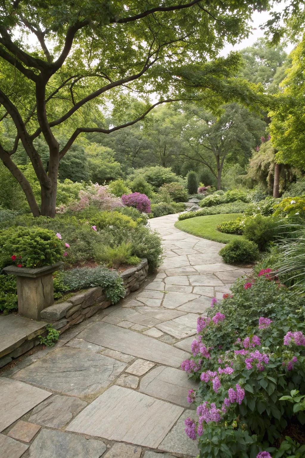 A stone patio providing a serene space in a beautifully landscaped garden.