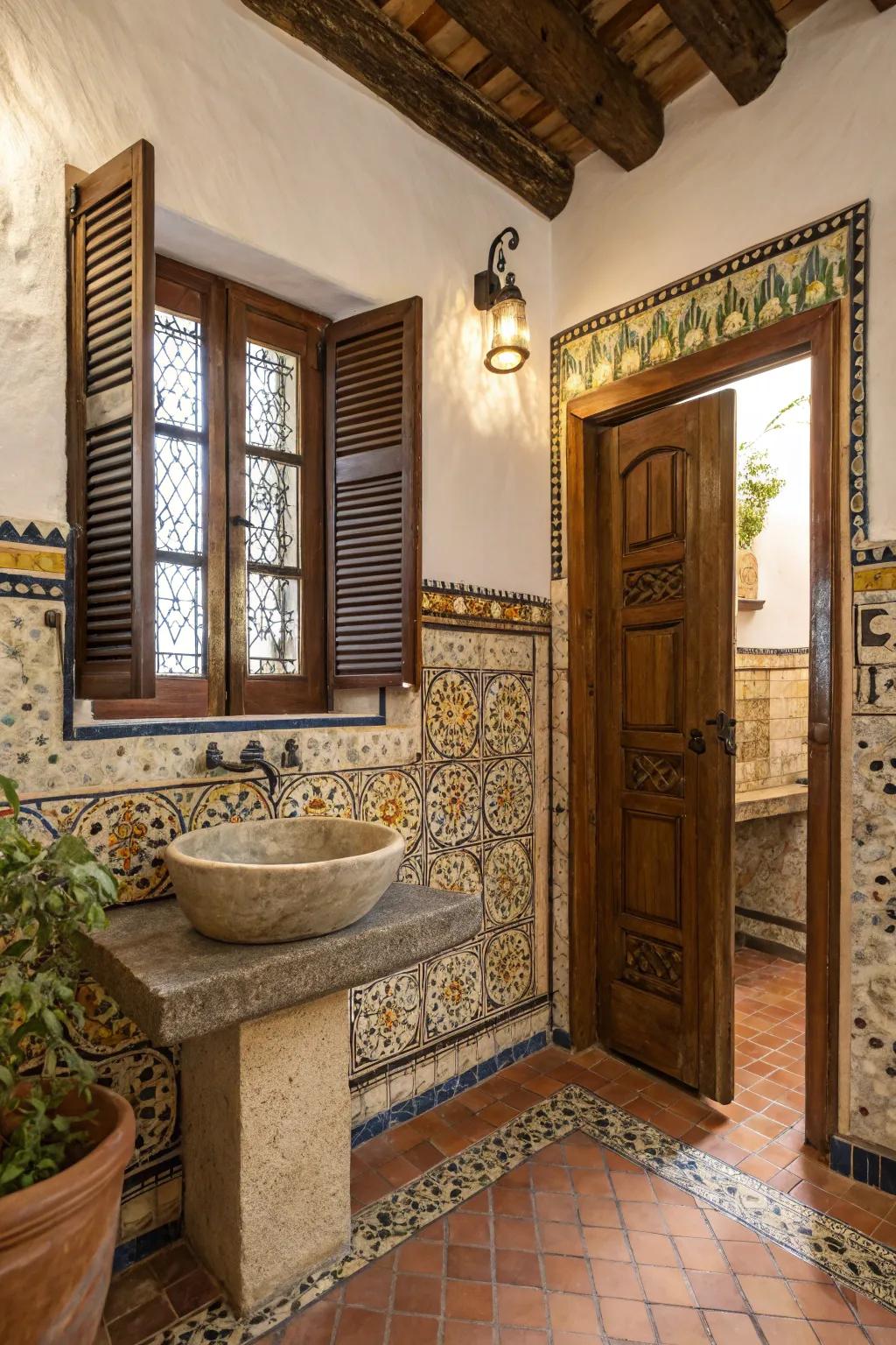 Stone washbasins introduce an organic element to the bathroom.