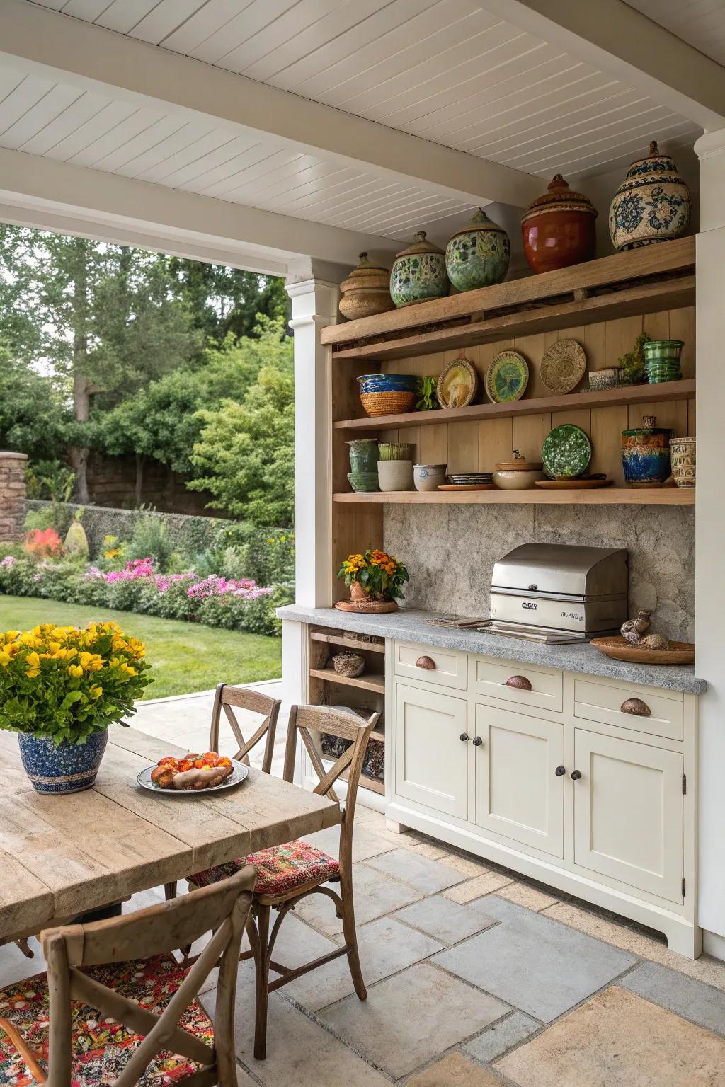 Open storage showcases beautiful pottery and adds functionality to this outdoor kitchen.