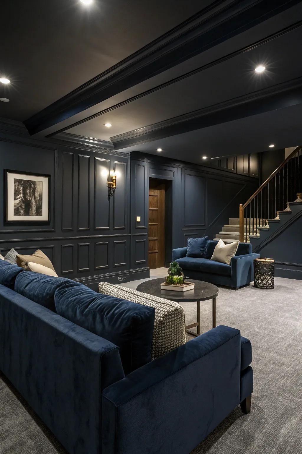 A deep color scheme fashions a sophisticated atmosphere in your speakeasy.