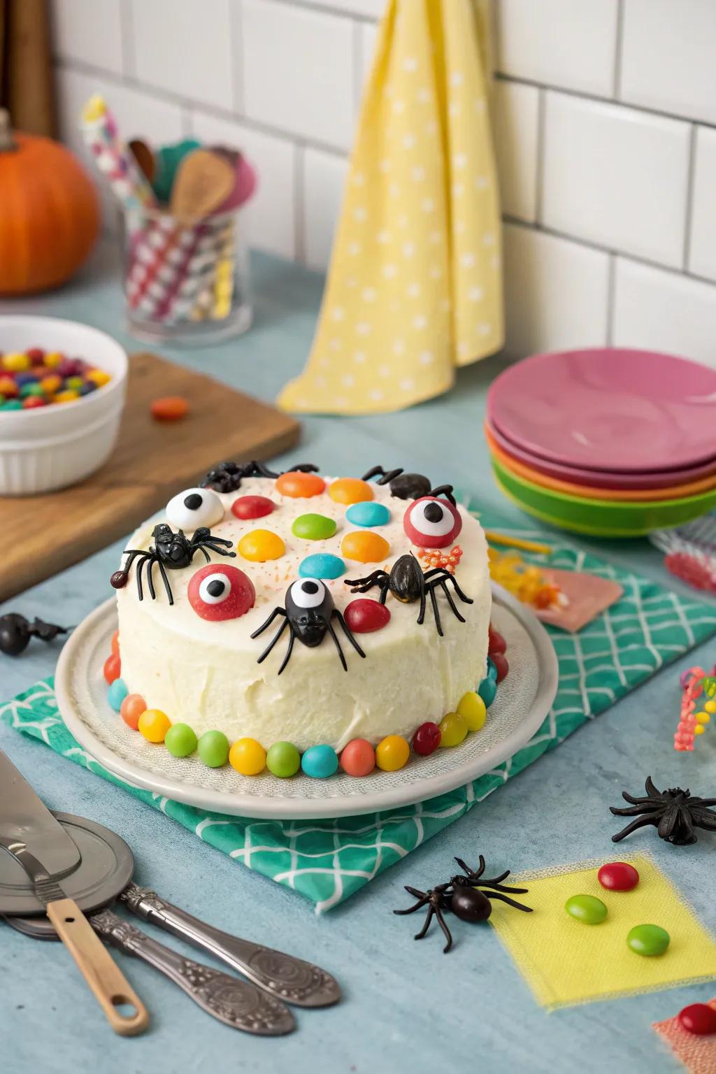 Playful confectionary eyes lend character to this cake.