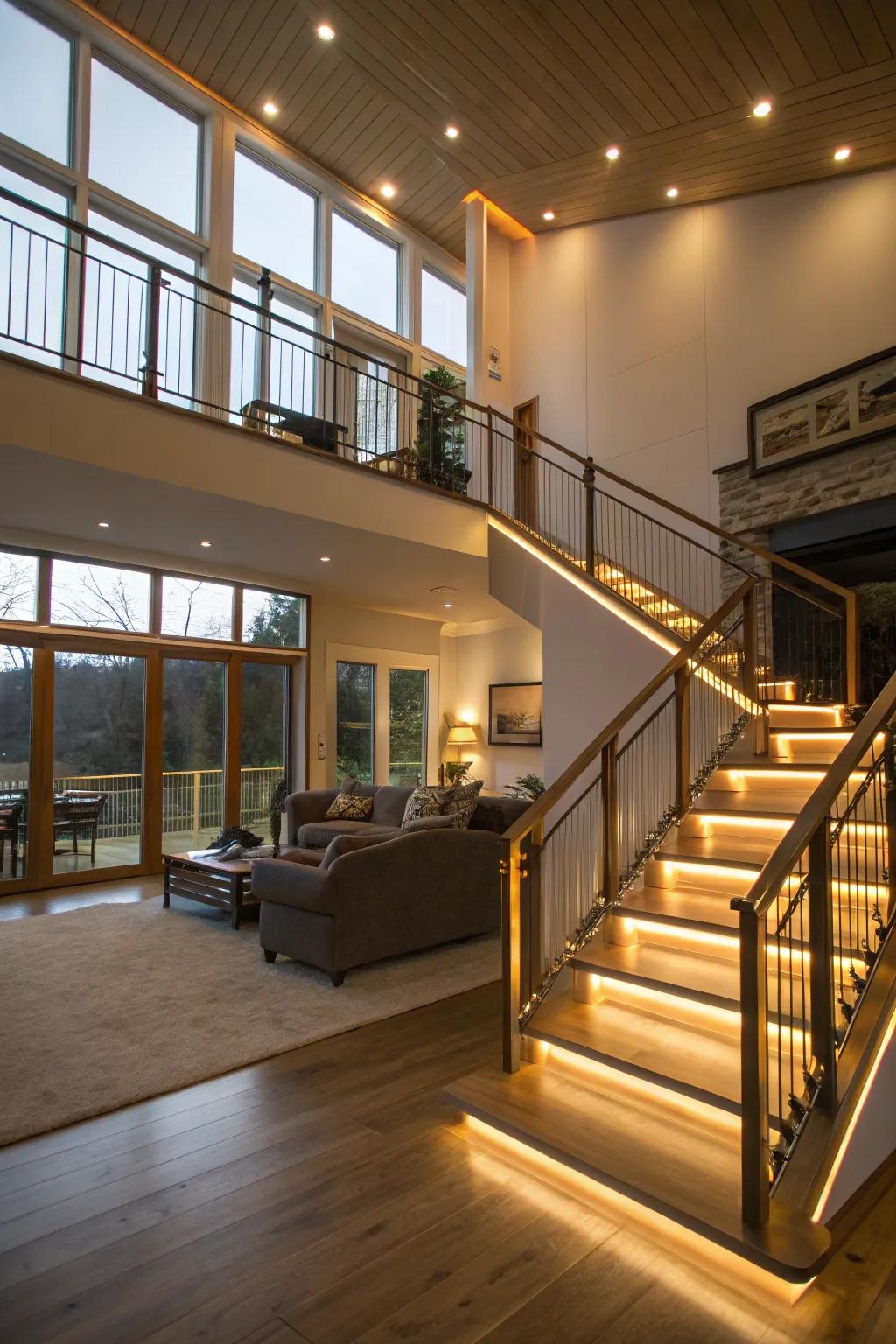 LED-illuminated railings fashioning a magical ambiance across a split-level dwelling.