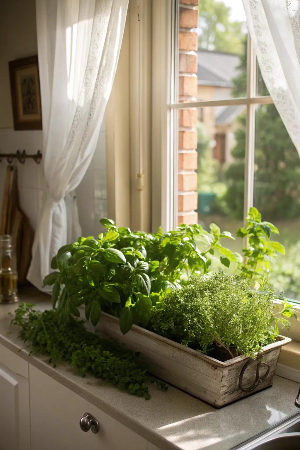 When you have fresh herbs growing in a window box, it adds both fragrance and greenery to your kitchen.