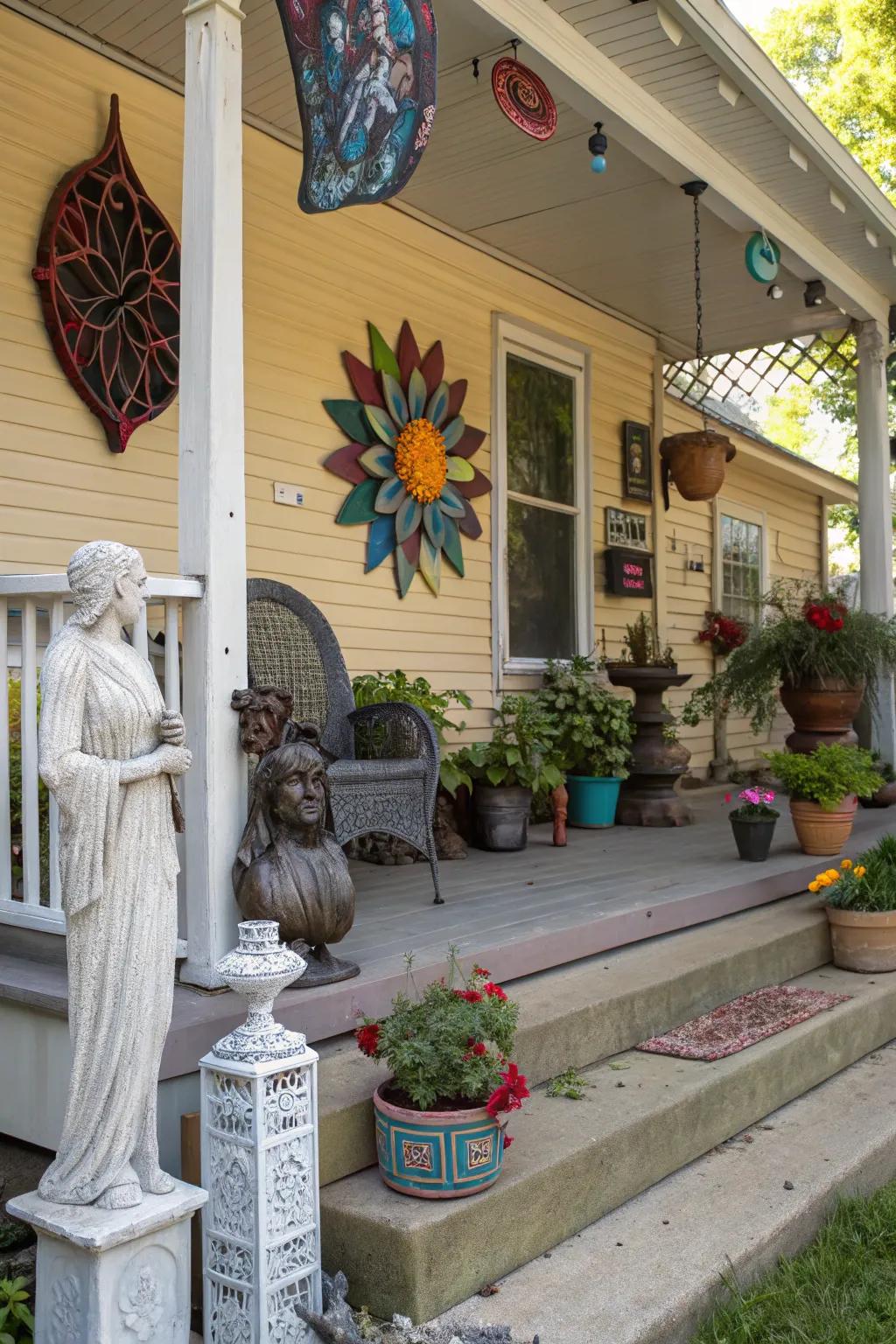 An exterior art presentation introduces a creative and singular element to your veranda.