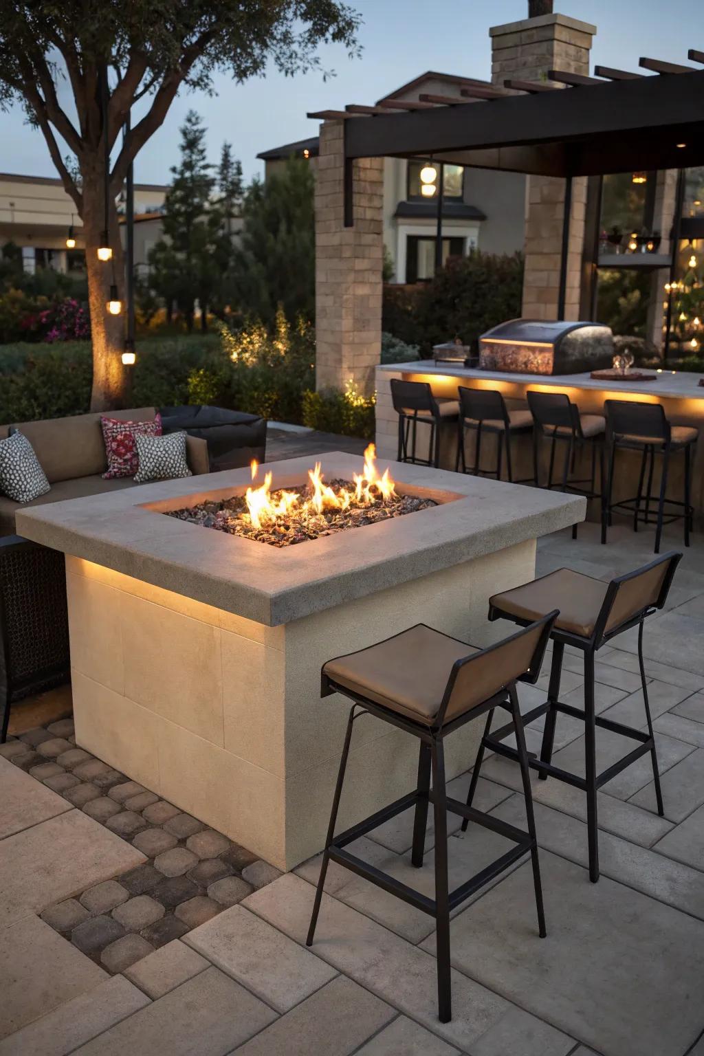 Built-in bars transform fire pits into perfect entertainment hubs.