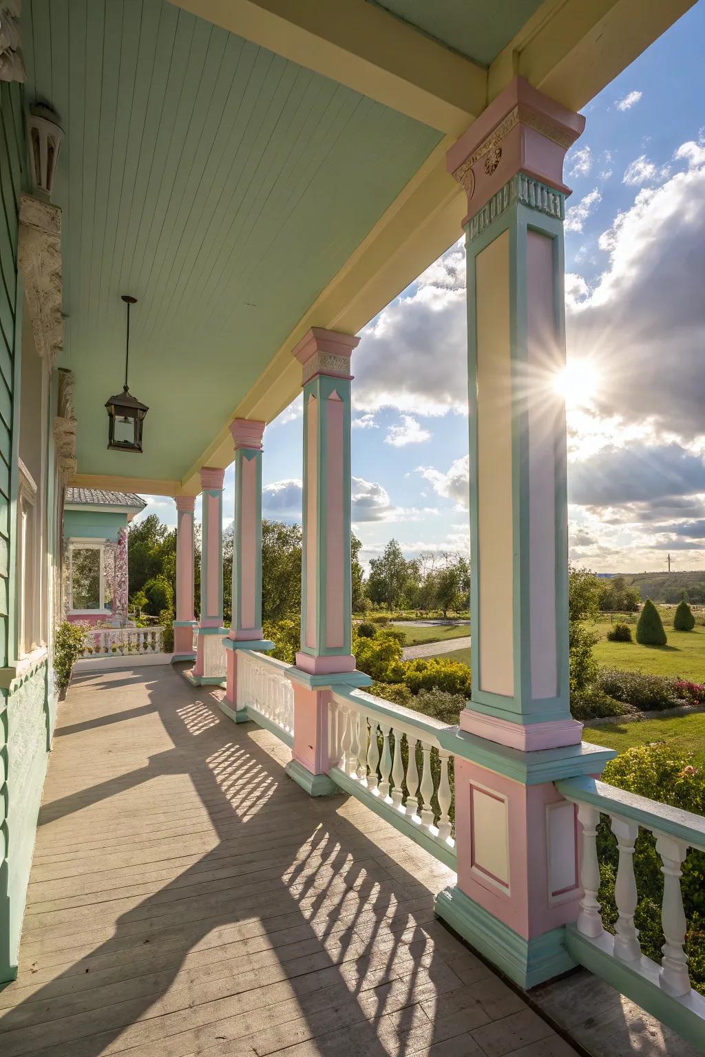 Pastel colors on upright posts create a soft, inviting atmosphere.