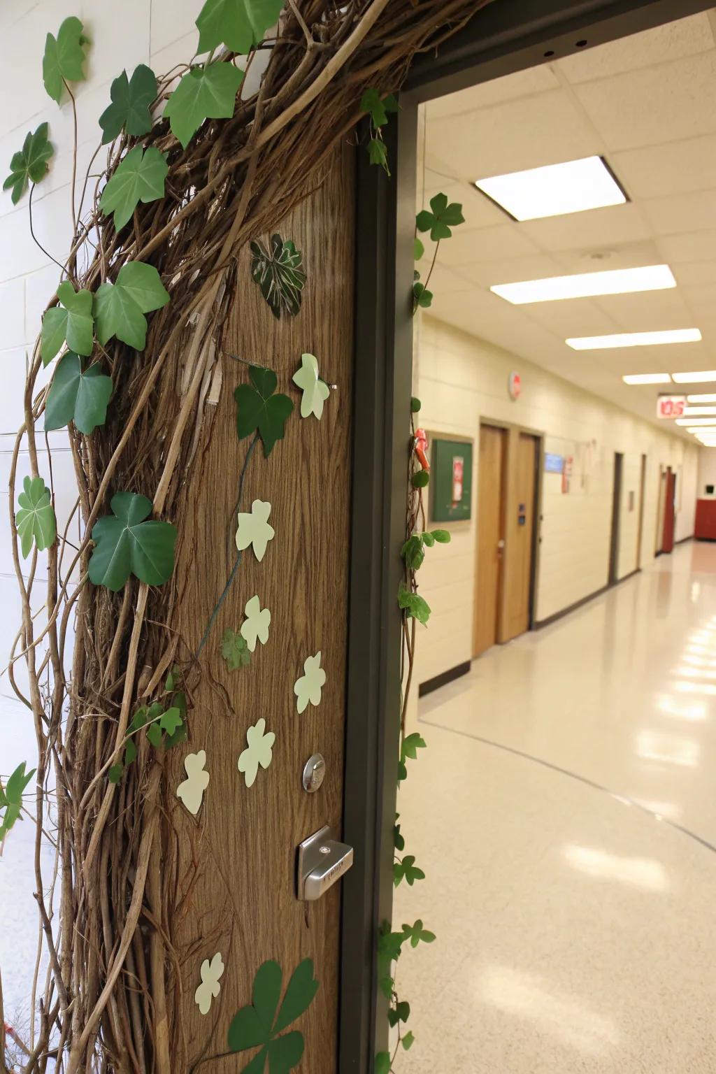 A classroom entrance integrating organic components like twigs and leaves for an earthy vibe.