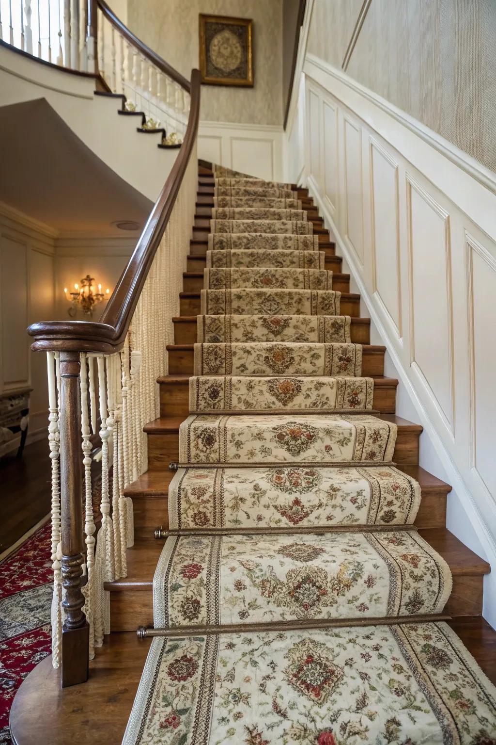 An aged rug textile adds charm and character to the staircase.