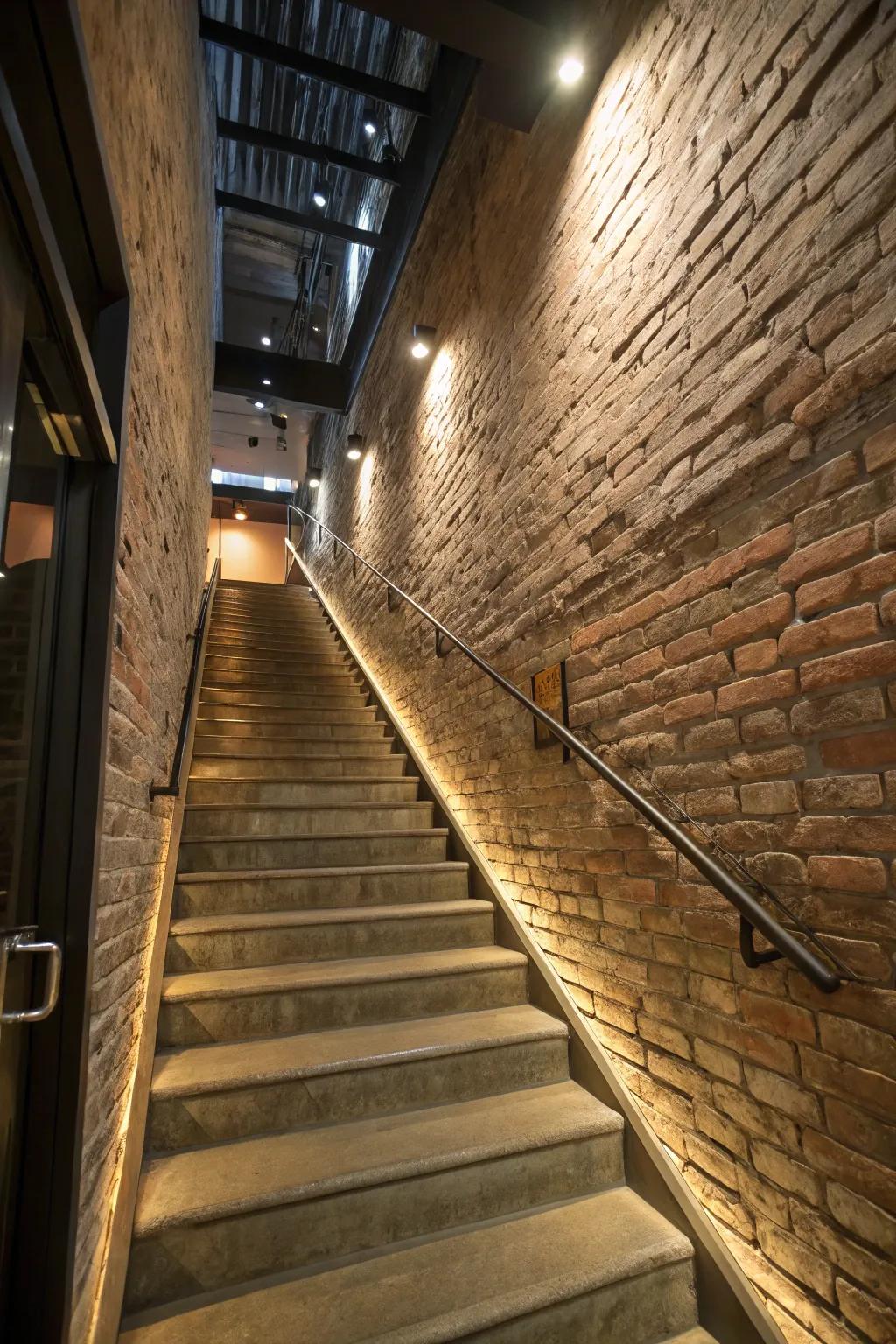 Achieve an industrial feel with a faux brick wall on your stairway.
