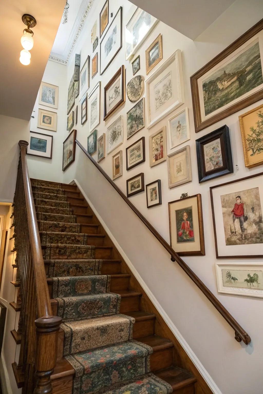 Vintage frames and prints add a sentimental impression to the display.