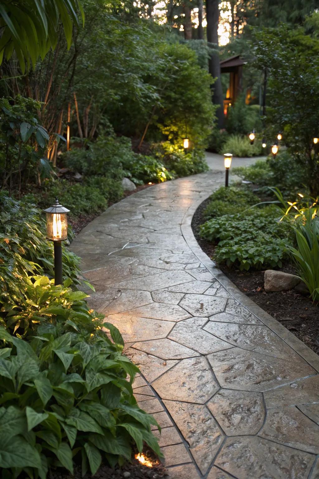 Metallic glimmer appends a hint of glam to this garden path.