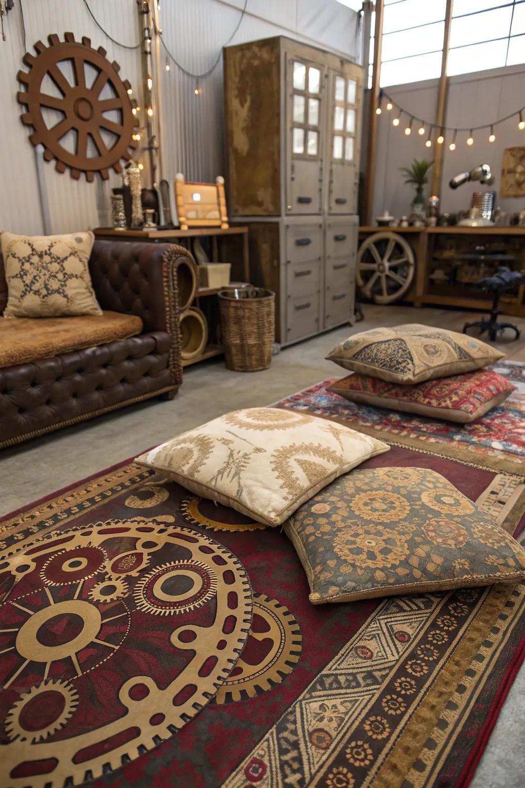 Steampunk-inspired fabrics include warmth and significance to the factory-chic area.