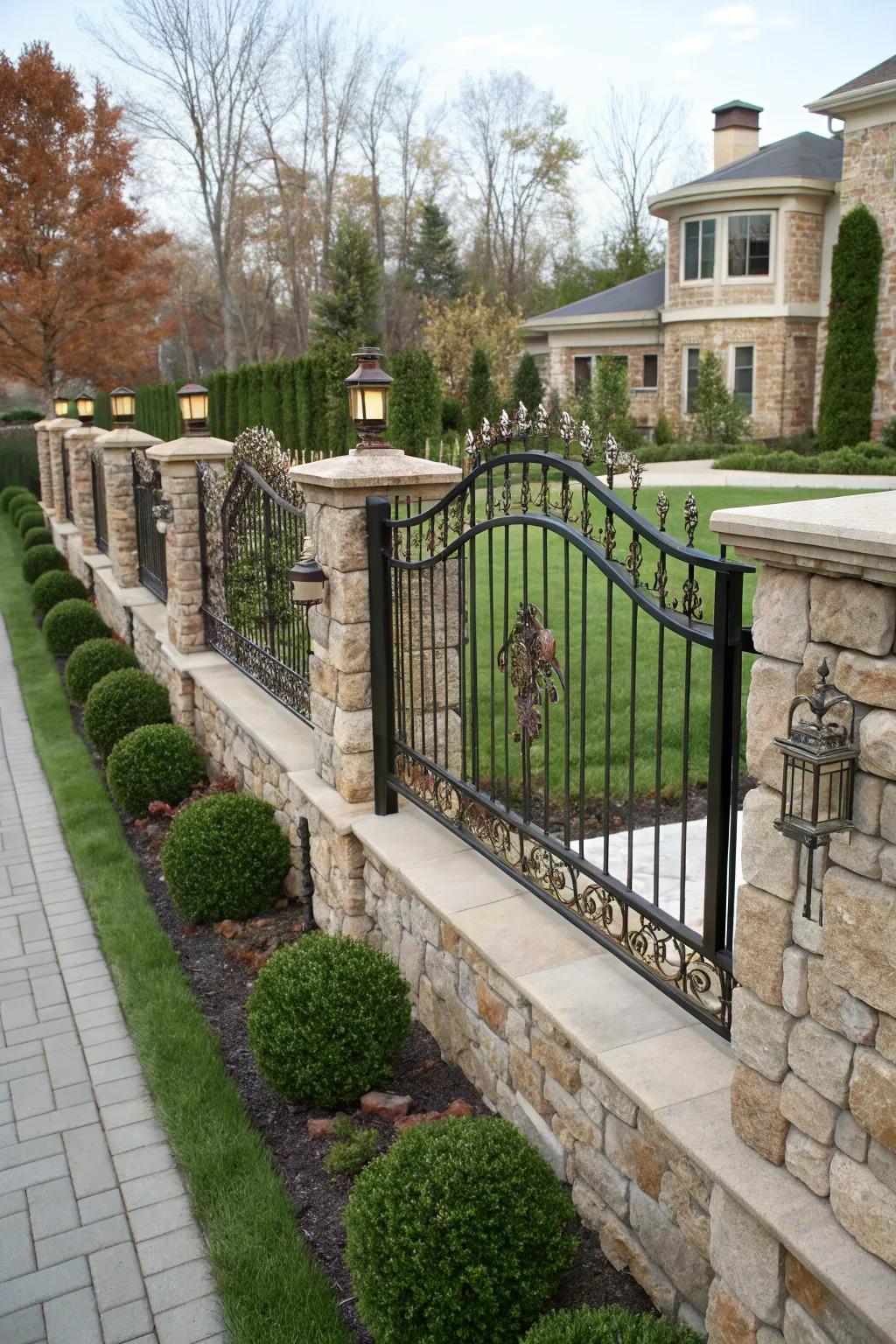 A uniquely custom-designed stone and iron fence, reflecting personalized artistry.
