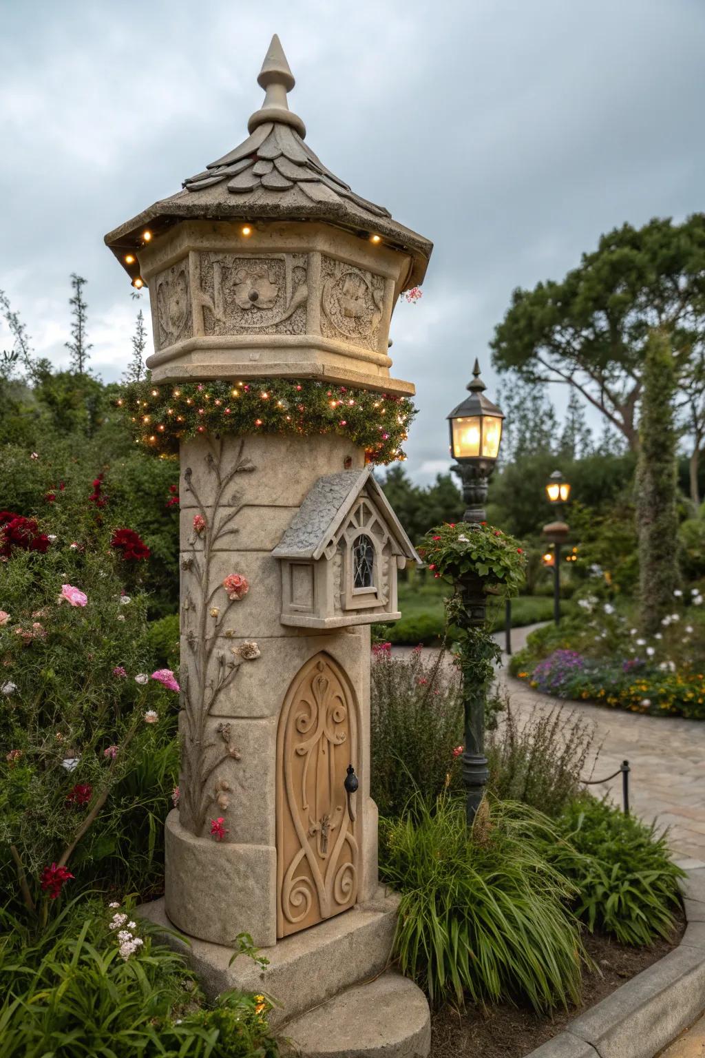 A magical stone mailbox pillar straight out of a storybook.