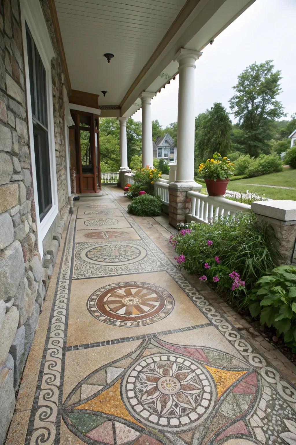 Rock designs bring artistic expression to the porch.