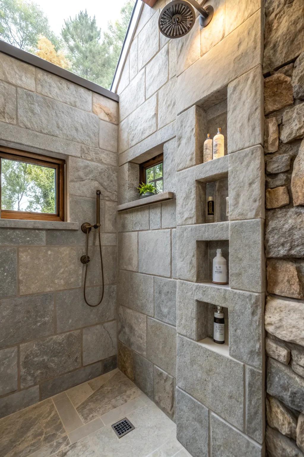 Stone niches offer a streamlined storage solution in showers.