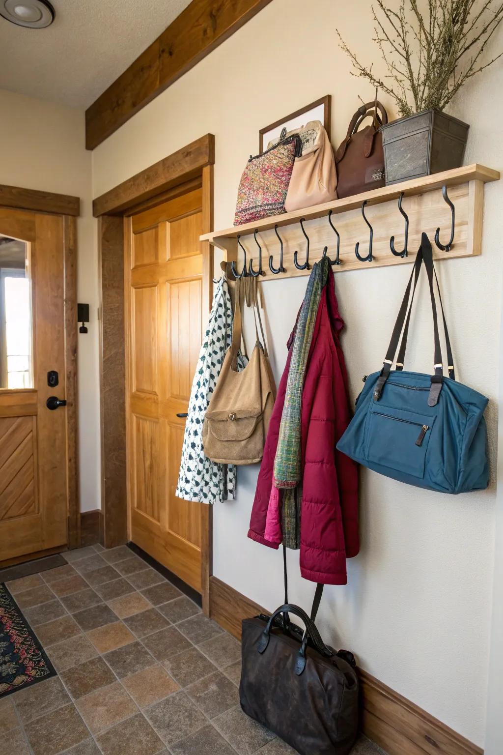 Entryway with mounted hooks for bags and coats.