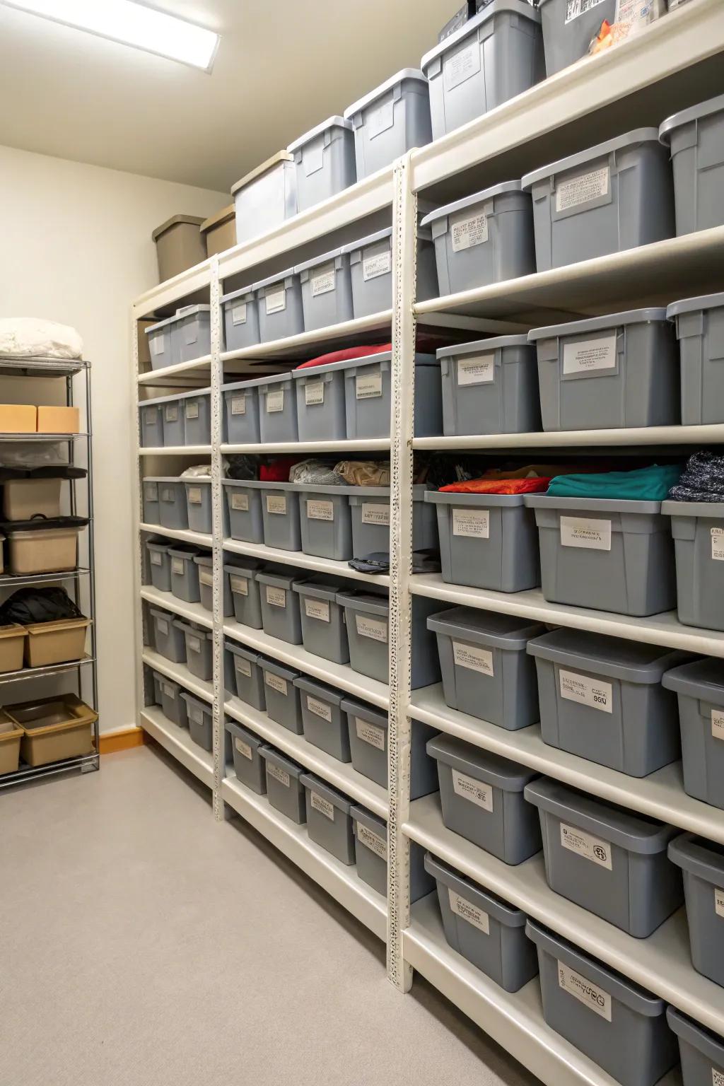 Stackable containers maximize storage space.