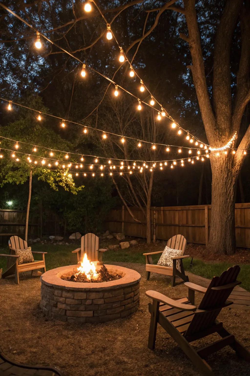 Layered twinkle garlands introduce depth and dimension to the space.