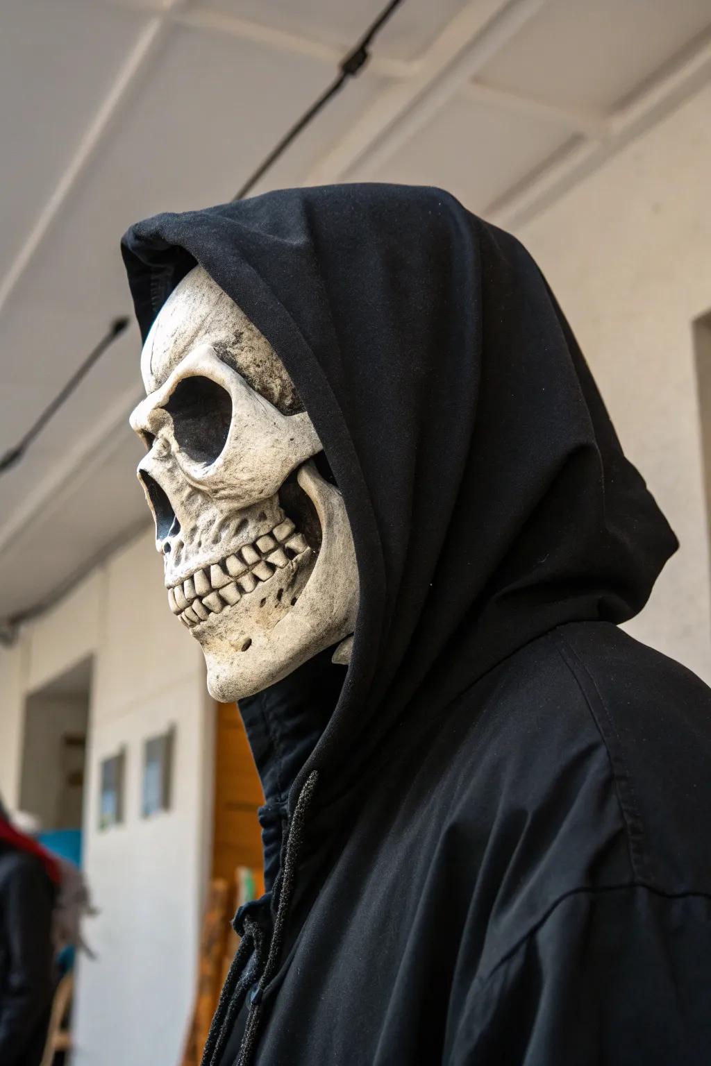 A skeleton head that appears to emerge from the shadows.