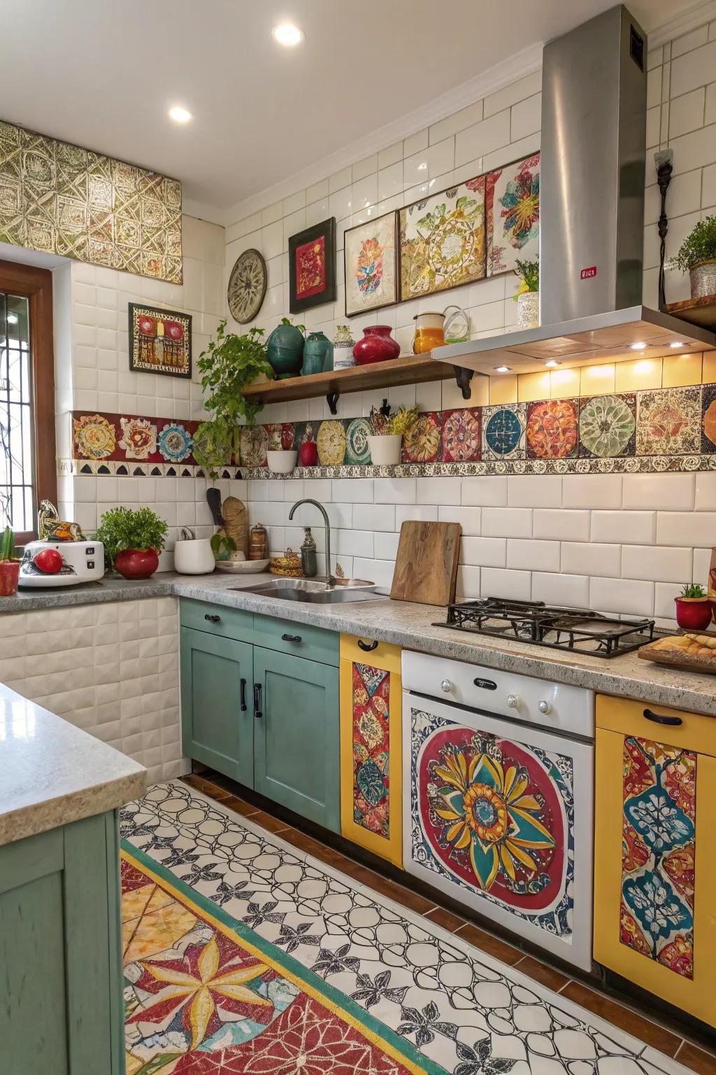 A mix of tile arrangements creates a unique and visually interesting cooking space.