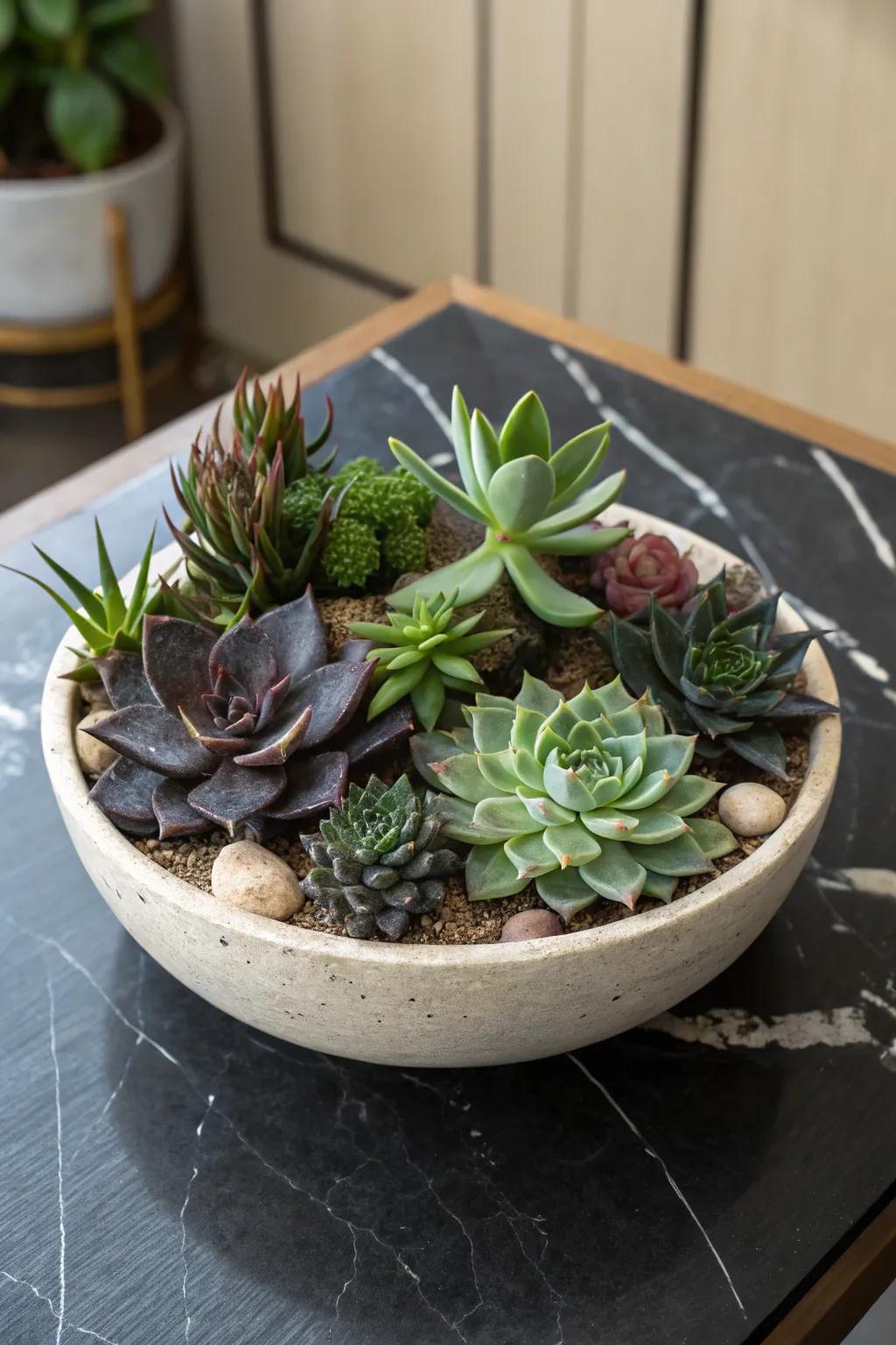 A dramatic succulent garden featuring contrasting colors.