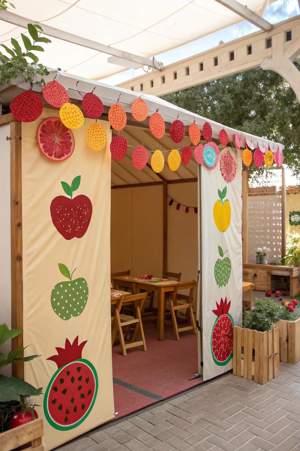 A playful sukkah featuring colorful self-made fruit shapes of pomegranates and apples.