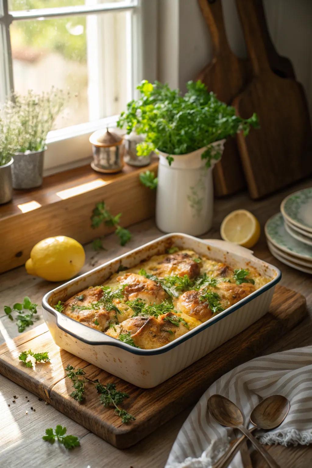 Zesty citrus and herb bird bake, a refreshing Sunday treat.