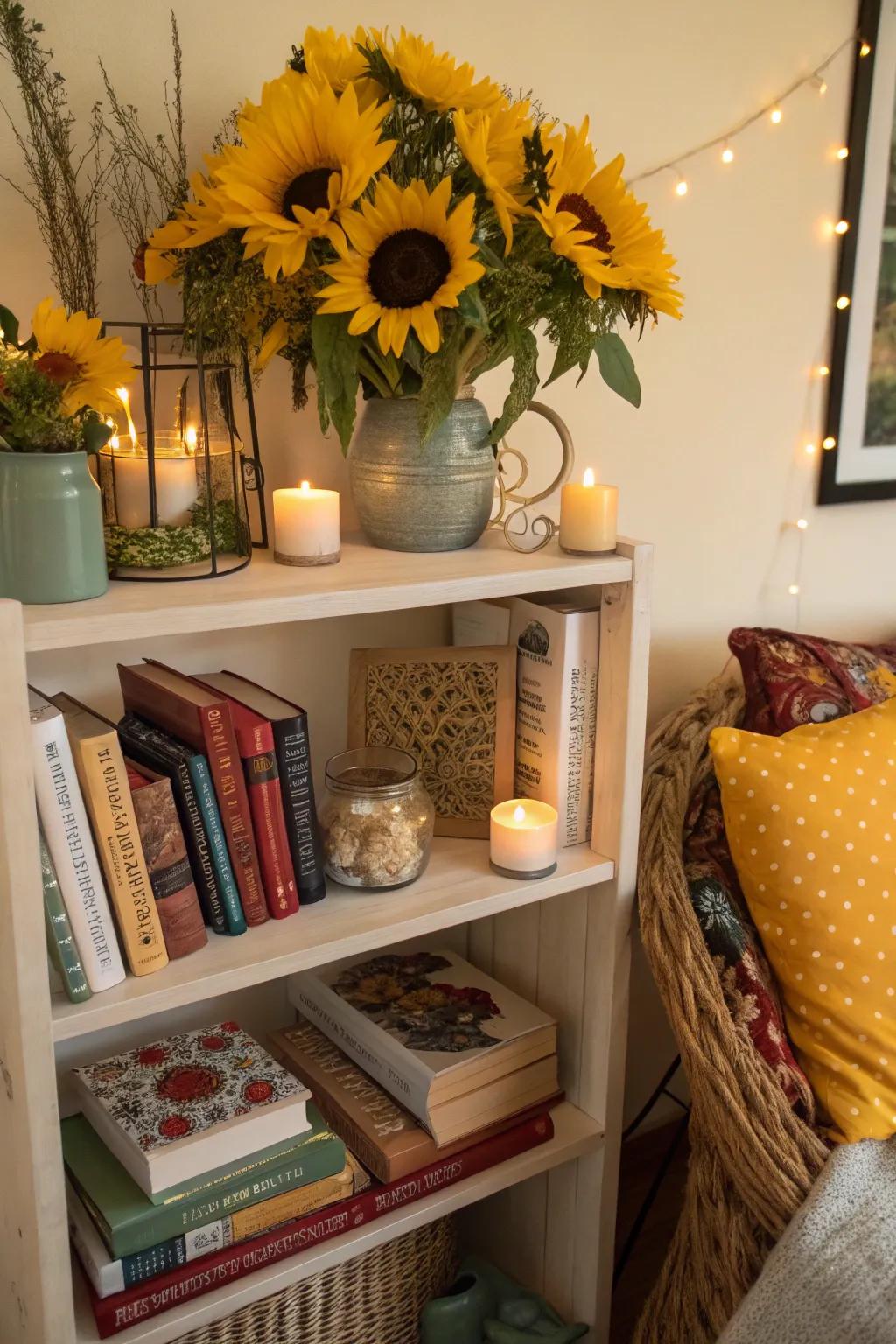 Add life to your reading nook with sunflowers on a shelf.