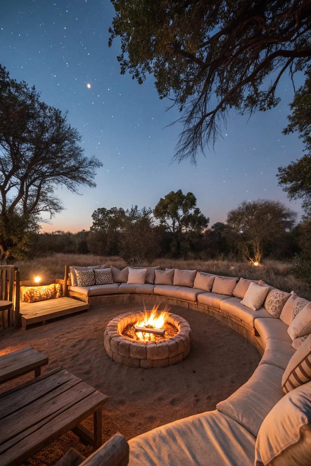 Plush seats make a comfortable lounge surrounding this fire pit.
